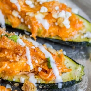 Buffalo Chicken Zucchini Boats from The Food Charlatan