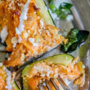 Buffalo Chicken Zucchini Boats from The Food Charlatan