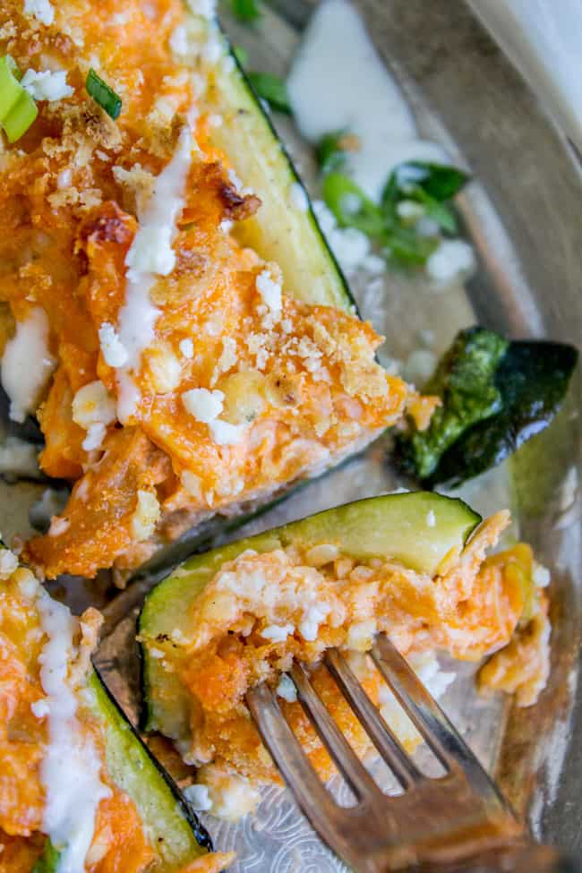 Buffalo Chicken Zucchini Boats from The Food Charlatan