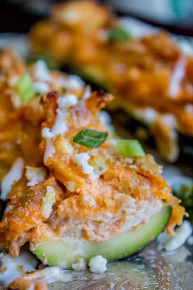 Buffalo Chicken Zucchini Boats from The Food Charlatan