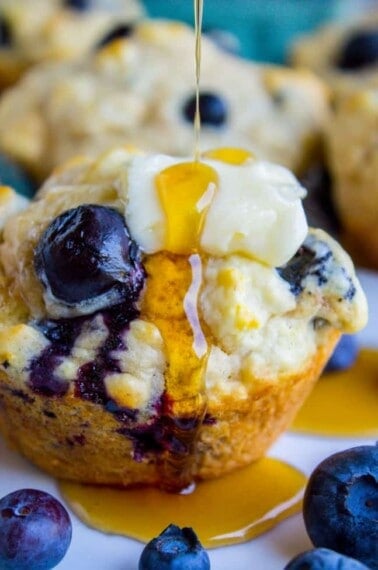 Blueberry Buttermilk Pancake Muffins with Maple Syrup from The Food Charlatan