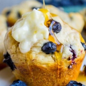Blueberry Buttermilk Pancake Muffins with Maple Syrup from The Food Charlatan