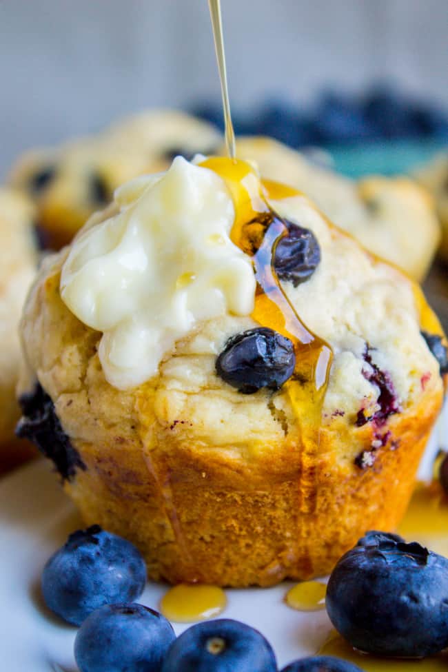 Blueberry Buttermilk Pancake Muffins with Maple Syrup from The Food Charlatan