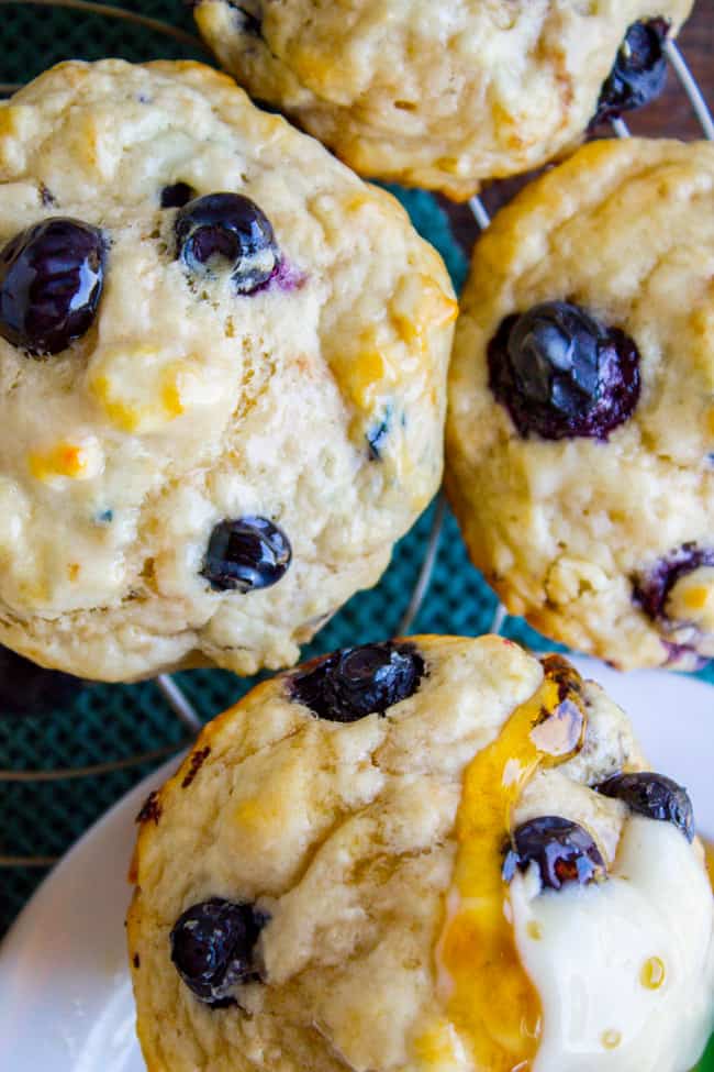 Blueberry Buttermilk Pancake Muffins with Maple Syrup from The Food Charlatan