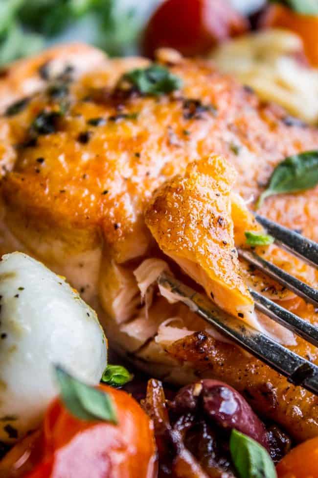 Flaky bite of pan seared salmon on fork in close up with mozzarella ball and cherry tomato.