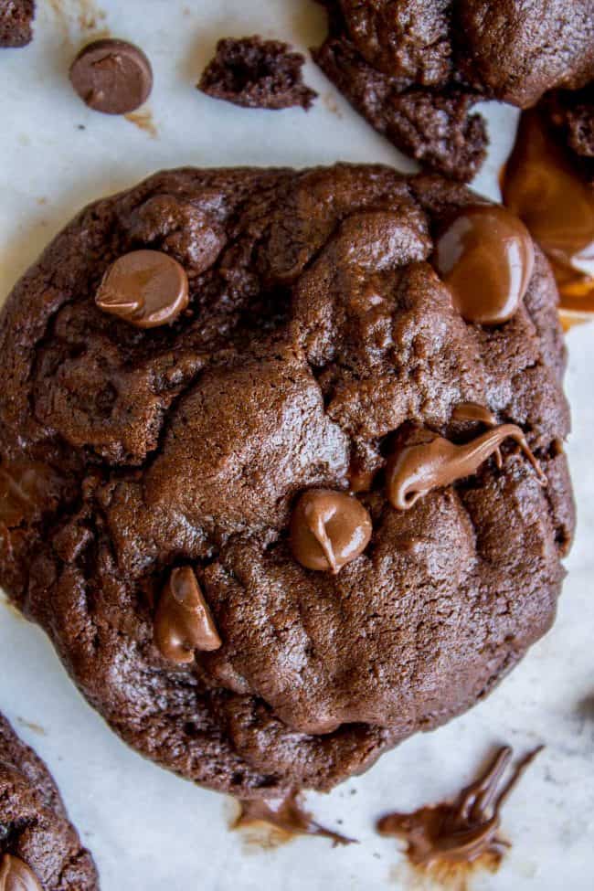 thick rich soft double chocolate cookies on parchment paper.