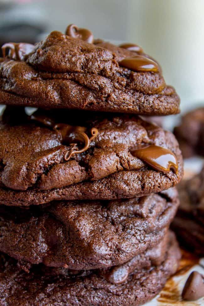 a stack of thick soft chocolate cookies.