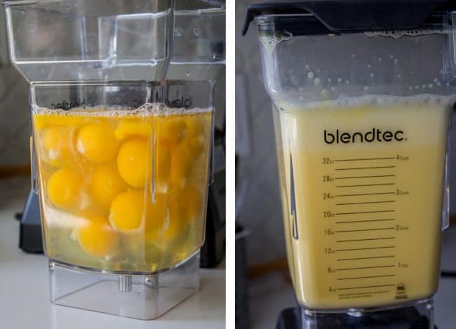 eggs cracked into a blender, eggs blended up in a blender.