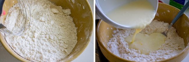 a bowl of flower, adding buttermilk