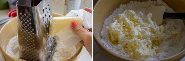 Grating butter to show How to Make Ultra Flaky Buttermilk Biscuits from The Food Charlatan