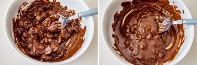 Stirring melted chocolate in a white bowl.