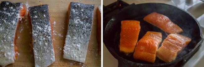 Prepping and searing skin-on salmon filets in cast iron skillet.