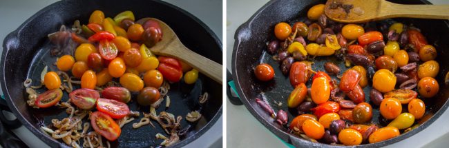 sautéing cherry tomatoes, onions, and kalamata olives in cast iron skillet.