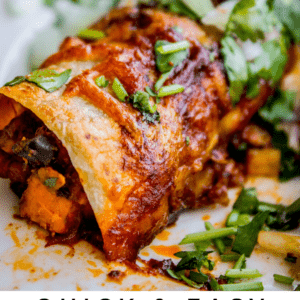 Close-up of a cheesy vegetarian enchilada topped with fresh cilantro, filled with sweet potatoes and black beans, on a white plate. Text below reads: Quick & Easy Enchiladas with Sweet Potatoes & Black Beans.