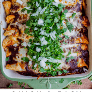 A baking dish filled with cheesy enchiladas topped with chopped onions and cilantro. Text below reads: “Quick & Easy Enchiladas with Sweet Potatoes & Black Beans. The Food Charlatan.” Satisfy your craving for a flavorful, vegetarian dinner.