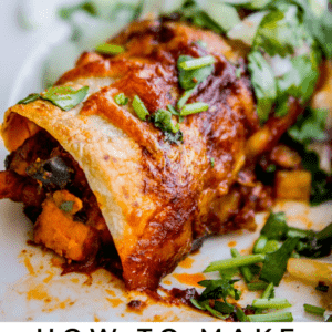 A close-up of a baked enchilada filled with sweet potato and black beans, topped with enchilada sauce and chopped cilantro, on a white plate. Text reads: Sweet Potato & Black Bean Enchiladas with fresh cilantro.