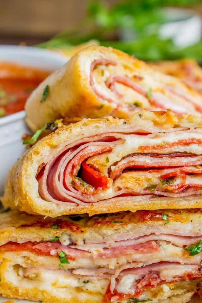 stromboli sliced on a plate shot closeup.