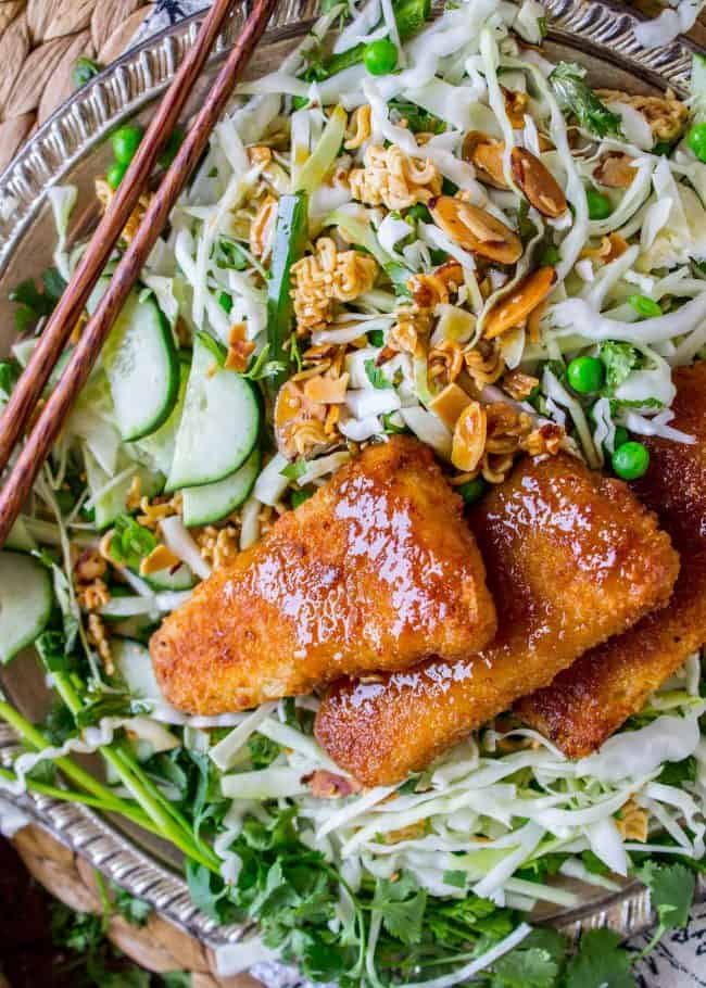 Crunchy Asian Cabbage Salad with Crispy Fish from The Food Charlatan