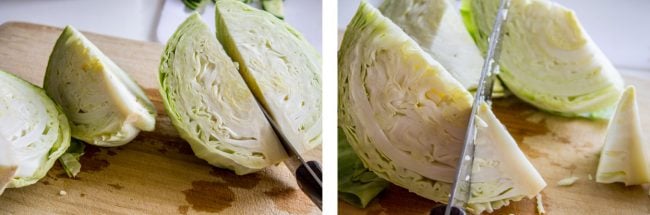 quartering green cabbage and removing the stem.