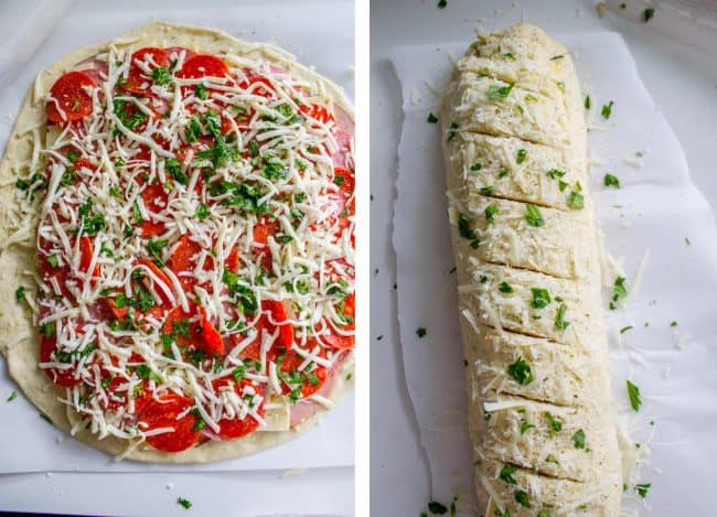 Rolled up stromboli topped with cheese and fresh parsley, sliced diagonally.