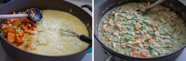 Mixing chicken pot pie filling