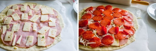 homemade pizza dough rolled out to make stromboli with meat and cheese toppings.