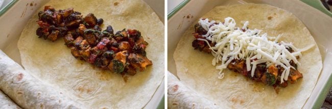 sweet potato and black bean filling being added to a tortilla, then cheese added on top. 