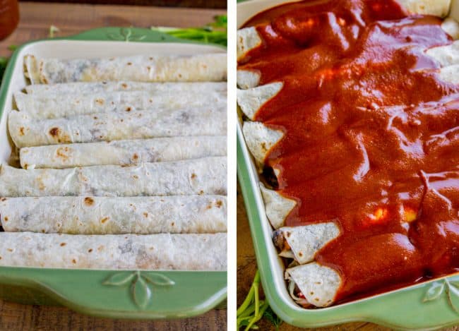 enchiladas rolled up in a baking dish, then topped with enchilada sauce. 