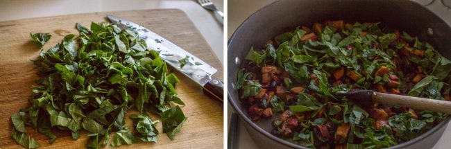 spinach being chopped, then added to black bean and sweet potato mixture in a skillet.