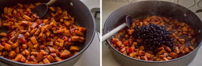 sweet potatoes and black beans in a skillet with a wooden spoon.