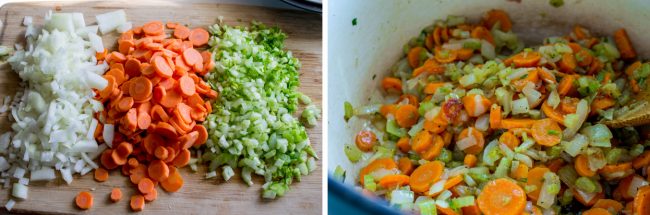 cutting vegetables and simmering chicken carcass for homemade soup.