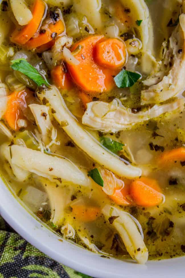 close up shot of homemade chicken noodle soup.