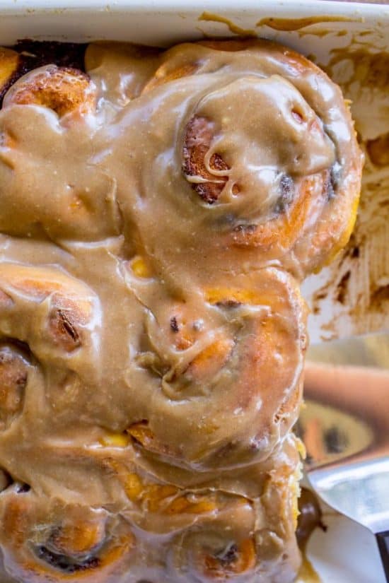 Pumpkin Cinnamon Rolls with Caramel Cream Cheese Frosting from The Food Charlatan