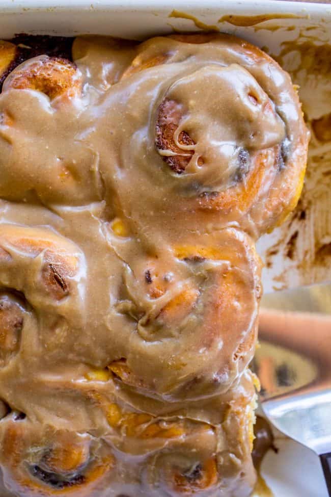 Pumpkin Cinnamon Rolls with Caramel Cream Cheese Frosting from The Food Charlatan