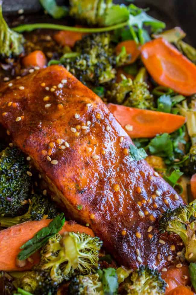 Sheet Pan Asian Salmon with Broccoli, Carrots, and Rice Noodles from The Food Charlatan