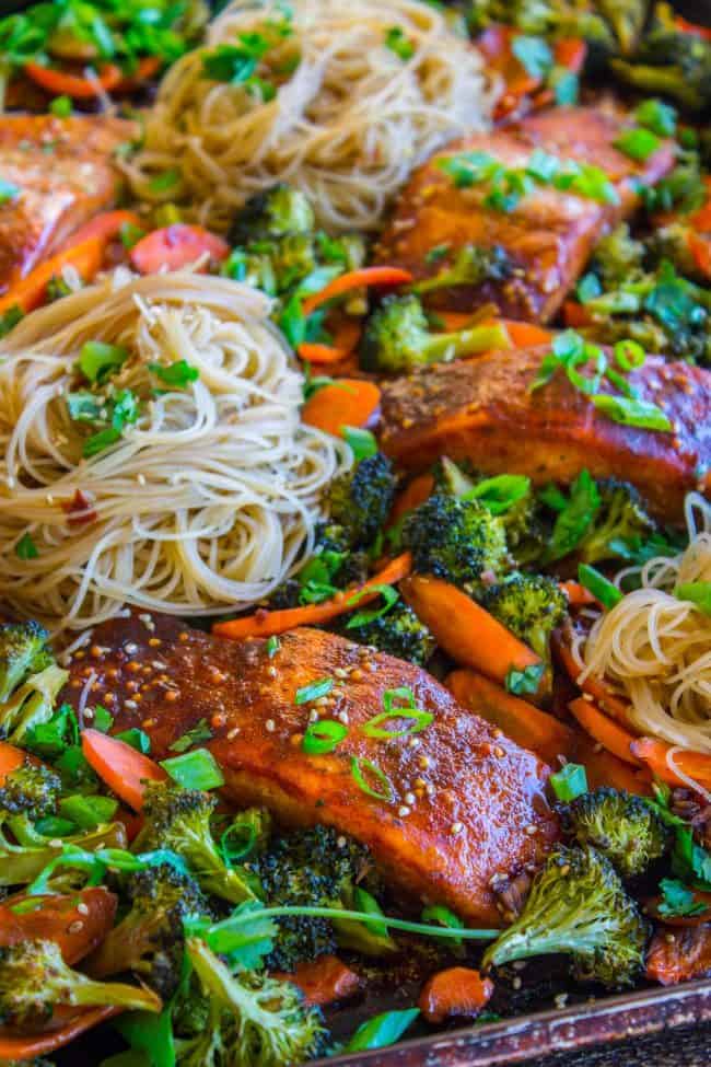 Sheet Pan Asian Salmon with Broccoli, Carrots, and Rice Noodles from The Food Charlatan