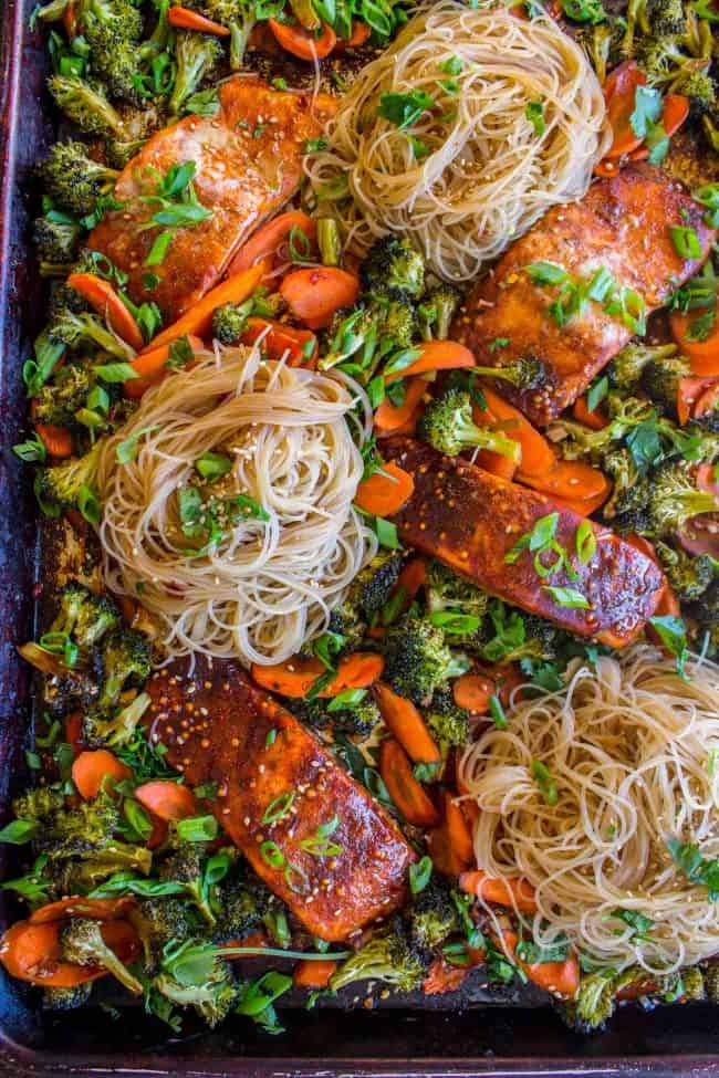 Sheet Pan Asian Salmon with Broccoli, Carrots, and Rice Noodles from The Food Charlatan
