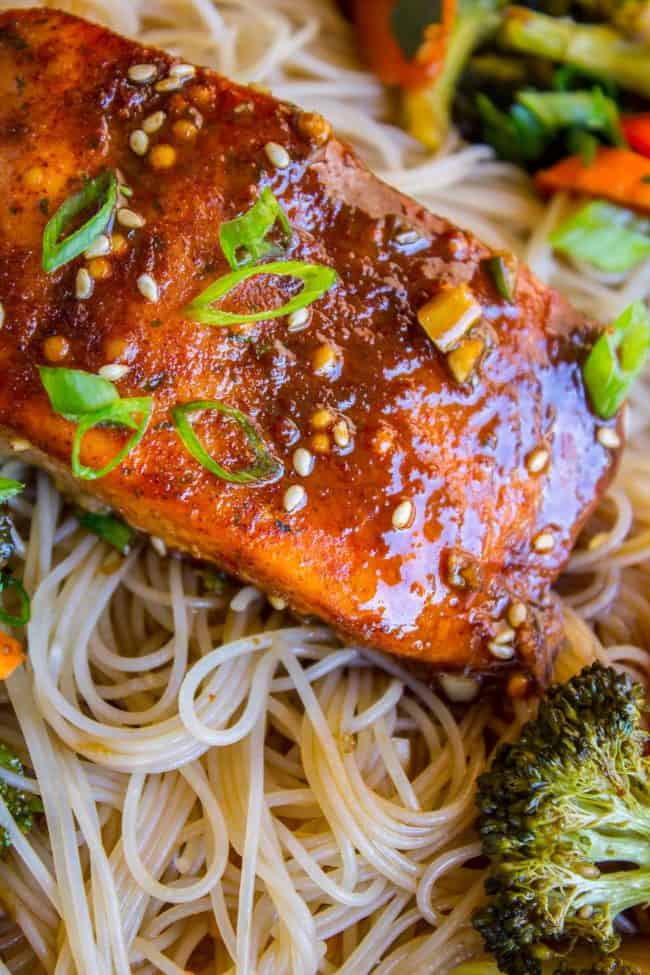 Sheet Pan Asian Salmon with Broccoli, Carrots, and Rice Noodles from The Food Charlatan