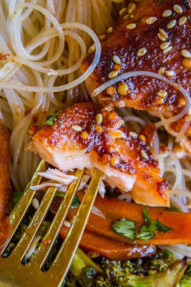 Sheet Pan Asian Salmon with Broccoli, Carrots, and Rice Noodles from The Food Charlatan