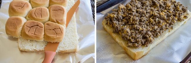 Slicing Hawaiian rolls and adding cheesy beef mixture.