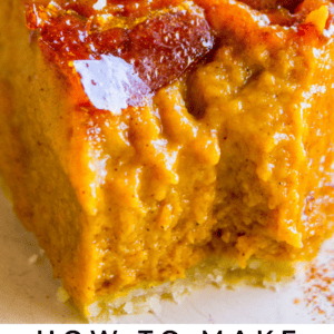 A close-up of a slice of pumpkin pie with a caramelized, crispy brûlée topping and a dollop of whipped cream. Text at the bottom reads: Creme Brulee Pumpkin Pie—perfect for the holidays. The Food Charlatan.