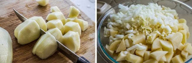 cutting peeled potatoes and combining them with onions and garlic in a glass bowl.