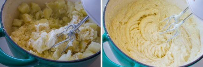 blending mashed potatoes with a hand mixer.