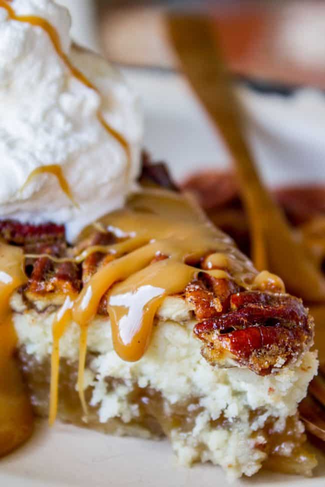 Cheesecake Pecan Pie with caramel and whipped cream