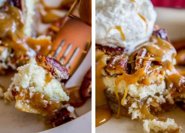 A fork cutting a bite of cheesecake pecan pie with whipped cream and caramel sauce.