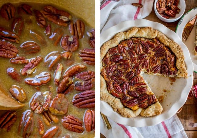 Pecan pie filling in pie crust.