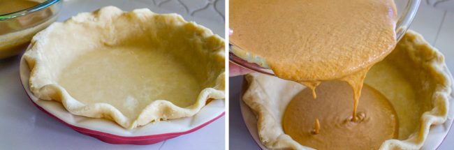 an unbaked homemade pie crust, pouring homemade pumpkin filling into the crust. 