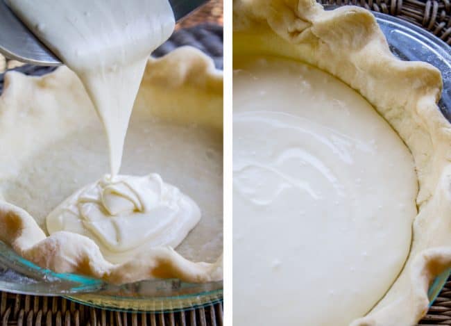 Pouring cheesecake batter in pie crust.