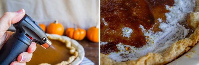 using a kitchen torch to brulee sugar topping on pumpkin pie. 