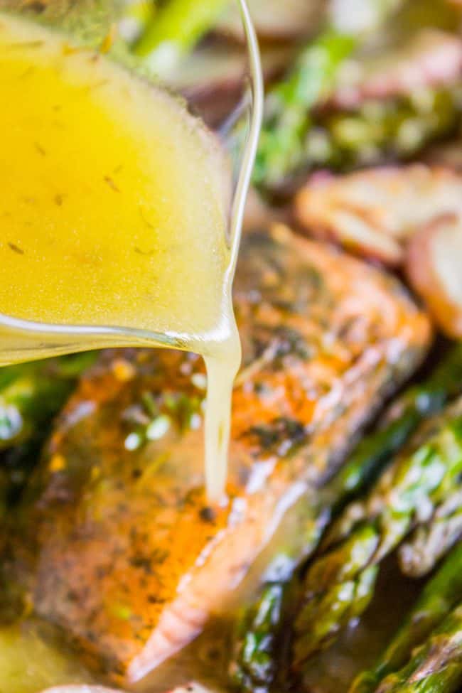 Lemon sauce on salmon asparagus and potatoes